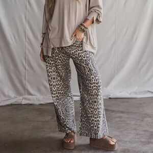 Bluevelvet Boutique Brown Leopard Print Wide Leg Raw Hem Trendy Jeans